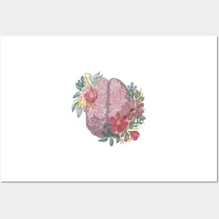 Anatomy of Brain in watercolor with florals Posters and Art